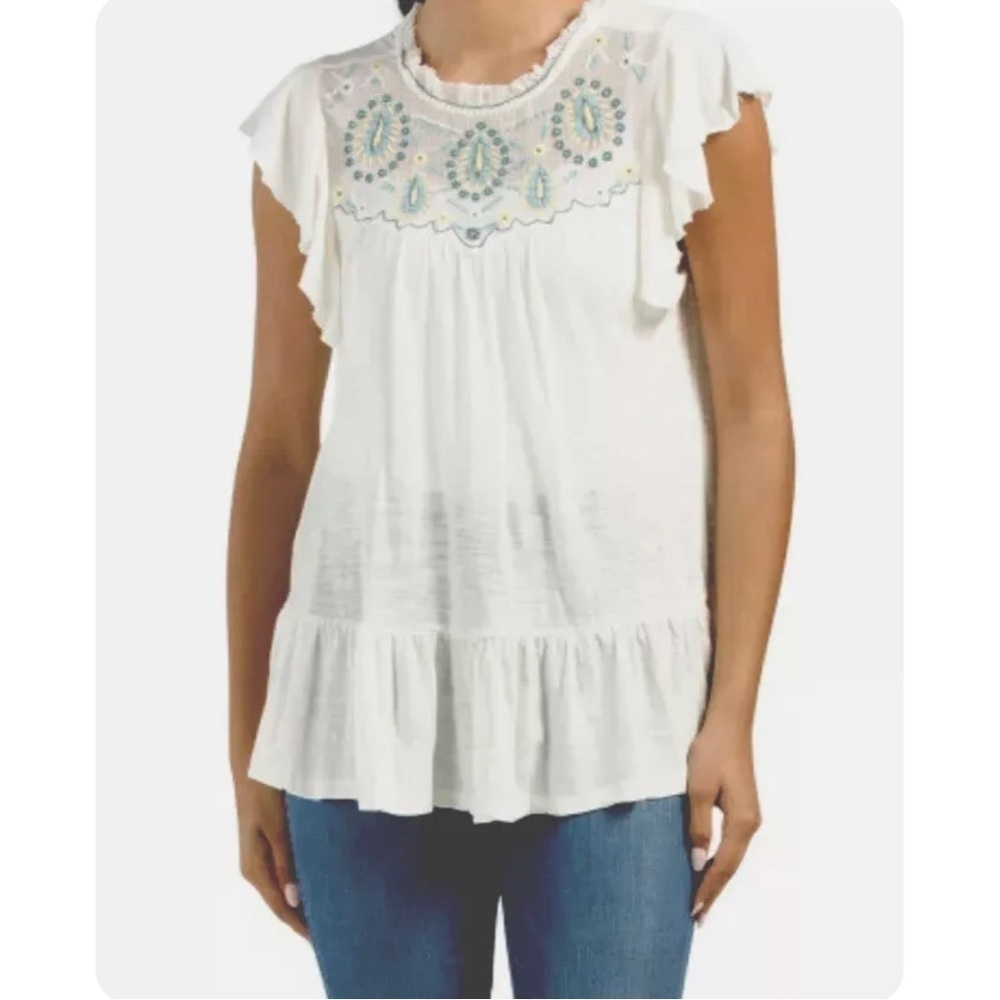 Lucky Brand Embroidered Boho Flutter Sleeve White Top Blouse Shirt, Size Small